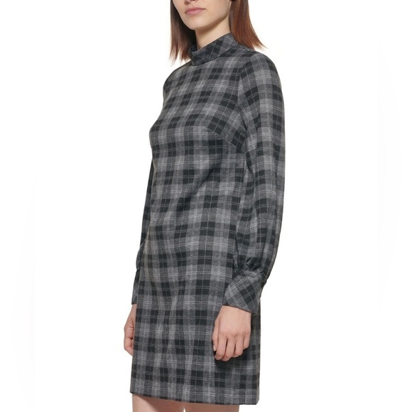 CALVIN KLEIN Women’s Zippered Plaid Cuffed Sleeve Mock Neck Short Shift Dress 4P - Picture 1 of 13